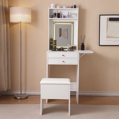 Etelifrank Modern White Vanity Desk with LED Mirror & Storage Stool - Adjustable 3-Light Modes, Glass Top & Drawers for Bedroom Organization