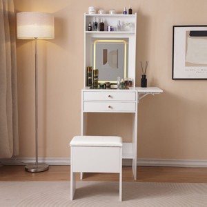 Etelifrank Modern White Vanity Desk with LED Mirror & Storage Stool - Adjustable 3-Light Modes, Glass Top & Drawers for Bedroom Organization - 1 of 4