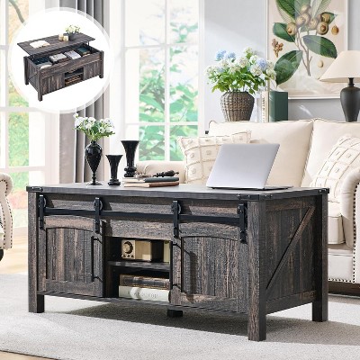 SinCiDo Lift Top Coffee Table, Farmhouse 48" Center Table w/ Lifting Platform, Hidden Storage Room, Adjustable Partition, & Arched Sliding Door