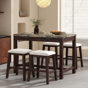 5-Piece Modern Faux Marble Versatile Bar Table Set with Storage Drawers and Padded Stools, Ideal for Space-Saving Dining Nooks or Small Kitchens - 1 of 4