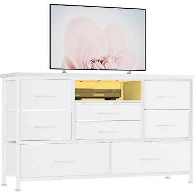 LED TV Stand Dresser with 8-Drawer for 55'' TV, Built-In Power Outlet, Wide Storage Chest with Wooden Top and 22 Adjustable Lighting Modes for Bedroom
