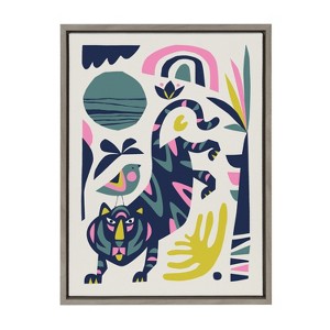 Kate and Laurel Sylvie Mid Century Modern Tiger and Bird Framed Canvas by Rachel Lee of My Dream Wall, 18x24, Gray - 1 of 4