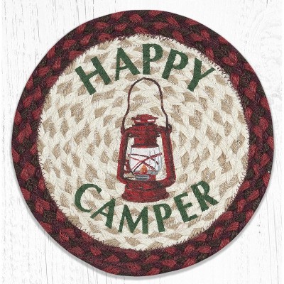 Earth Rugs Happy Camper Round Trivet 10"x10" – Hand-Braided Jute, Rustic Campfire Accent