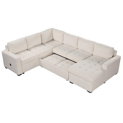 U Style Modular Combination Sofa Set, Sectional Sofa with Convertible Sofa Bed, USB and Type-C Interfaces, Footstool for Living Rooms, Offices