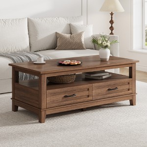 47" Modern Coffee Table with Storage, Rectangle Center Table with 2 Drawers, Accent Cocktail Table End Table, Wooden TV Stand with Open Shelf - 1 of 4