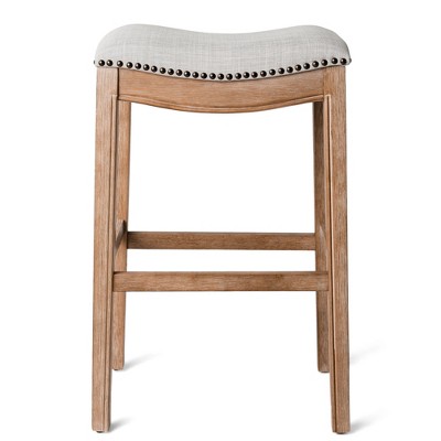 HomeRoots 31" Beige and Natural Fabric and Solid Wood Backless Bar Height Bar Chair