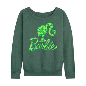 Women's - Barbie - Shamrock Pattern Logo Lightweight French Terry Wide Neck Long Sleeve Shirt - 1 of 4
