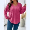 Solid Color Plus Size Women's Tops Loose V-Neck Hooded Long Sleeve Striped Brushed T-Shirt - 2 of 4