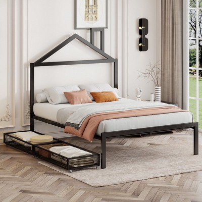 CAVINAS  Platform Bed,Metal Bed Frame with House-Shaped Headboard Design for Bedroom,No Box Spring Needed