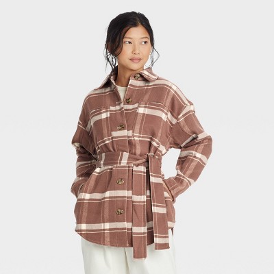 Women's Belted Shirt Jacket - A New Day™ Brown Plaid XS