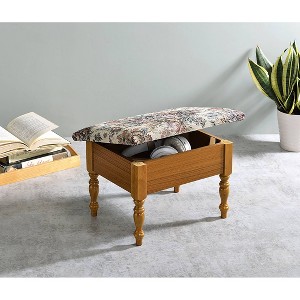 10" Storage Ottoman Oak - Ore International: Queen Anne Style, Embroidered Rose, Cotton Upholstery - 1 of 3