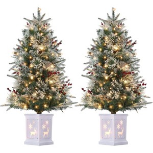 3FT Flocked Small Christmas Tree , Artificial Small Christmas Trees with Light, Multiple Pattern Bases, Outdoor Indoor for Winter Holiday Décor - 1 of 4