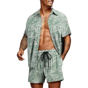 COOFANDY Men's Hawaiian Matching Set Summer Beach 2 Piece Outfits Flower Button Down Shirts - 1 of 2