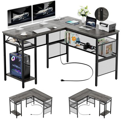 Aheaplus 55'' L Shaped Desk with Charging Station, Corner Computer Desk with Adjustable Shelves for Office