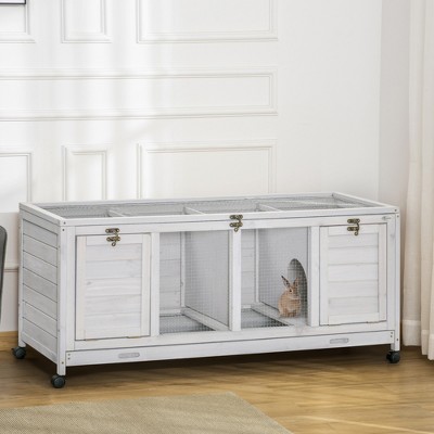 Light Gray Wooden Rabbit Hutch with Wheels and Dividers