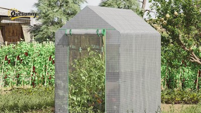 White Steel Walk-In Greenhouse with Shelves and Roll-Up Door