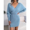 Women's Dress Double Cross V-Neck Ribbed Knit Dress - Puff Sleeve Bodycon Sweater Dress with Open Back for Evening & Casual - 4 of 4