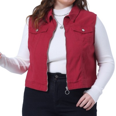 Agnes Orinda Women's Plus Size Trucker Zipper Front Sleeveless Sport Crop Denim Vests
