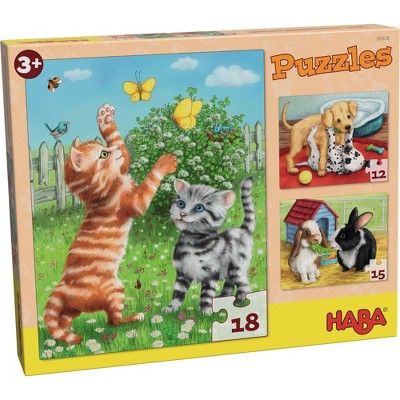 HABA Pets Set of 3 Jigsaw Puzzles Featuring Kittens, Puppies and Bunnies