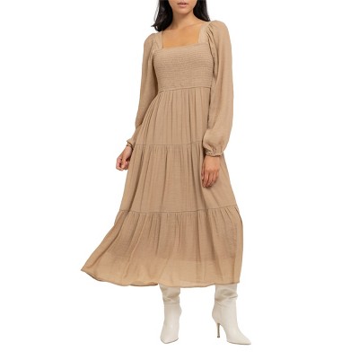 August Sky Women's Long Sleeve Smocked Midi Dress_rdm2046_tan_large ...