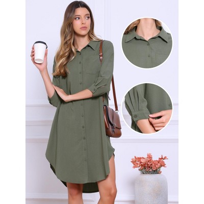 Женские платья INSPIRE CHIC Women's Casual 3/4 Sleeve Collared Lightweight Cover Up Button Down Shirt Dress Army Green X-Small — фото 2