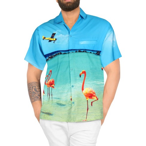 Happy Bay Men's Hawaiian Shirt - Palm & Flamingo Print, Casual Button Down, Size Large