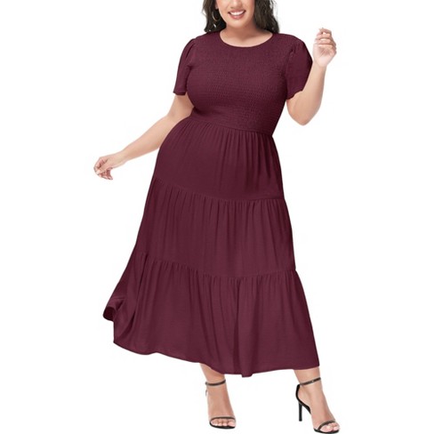 Anna Kaci Women s Plus Size Casual Round Neck Flutter Short Sleeve Elastic Waist Smocked Maxi Dress X Large Burgundy