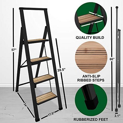 Black Aluminum and Bamboo 4-Step Folding Ladder