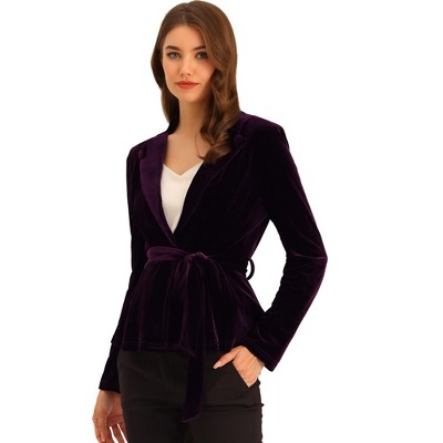 Allegra K Women's Work Office Velvet Belted Lapel Collar Blazer Jacket