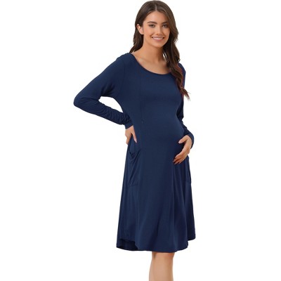 Cheibear Womens Casual Round Neck Maternity Long Sleeve Loungewear Dress  With Pockets Dark Blue X-small : Target