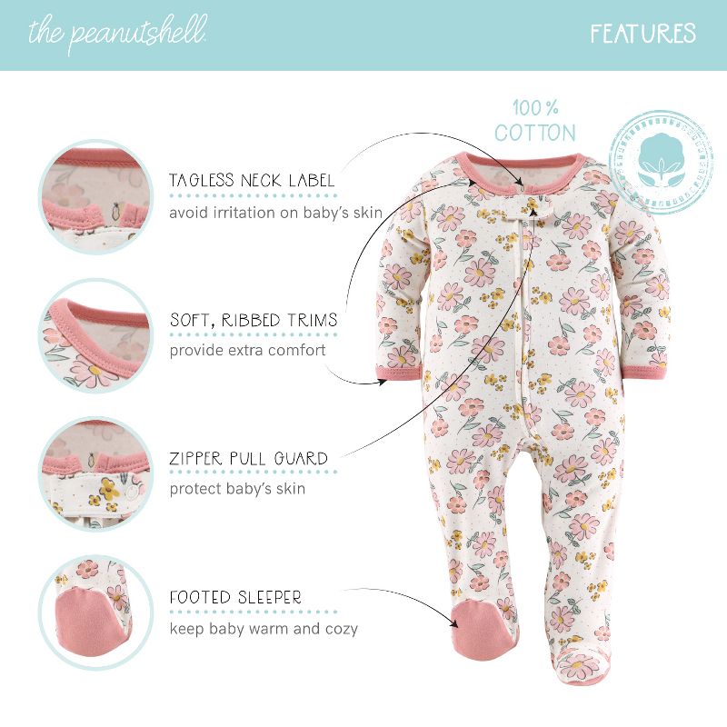 The Peanutshell Boho Floral Butterfly Footed Baby Sleepers for Girls, 3-Pack, Newborn to 9 Months, 3 of 8