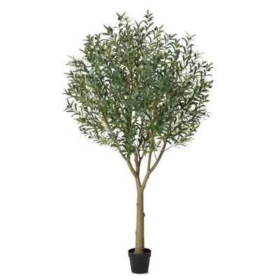 DR.Planzen 5-8FT Lush Artificial Olive Tree - UV Resistant Fake Plant with Black Fruits in 7x8" Black Pot for Indoor/Outdoor House & Floor Decor