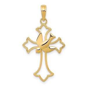 Black Bow Jewelry 14k Yellow Gold Fleur de Lis Dove Cross Pendant, 18 x 32mm - 1 of 4