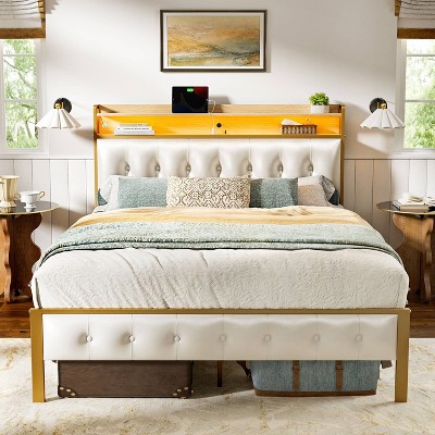 WOWLIVE Full/Queen/King Bed Frame with Storage Headboard, Metal Platform Bed Frame, Storage Bed with Charging Station and LED Light
