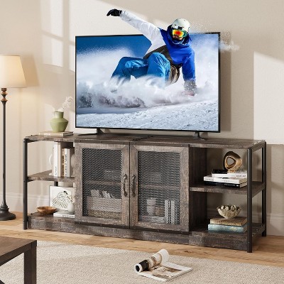 63" TV Stand with 2 Open Shelves and 2 Mesh Doors, Industrial Design Entertainment Center, Media Console Table for Living Room and Bedroom