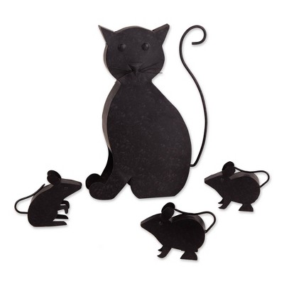 7" Metal Cat with Mice Sculpture Black - Zingz & Thingz