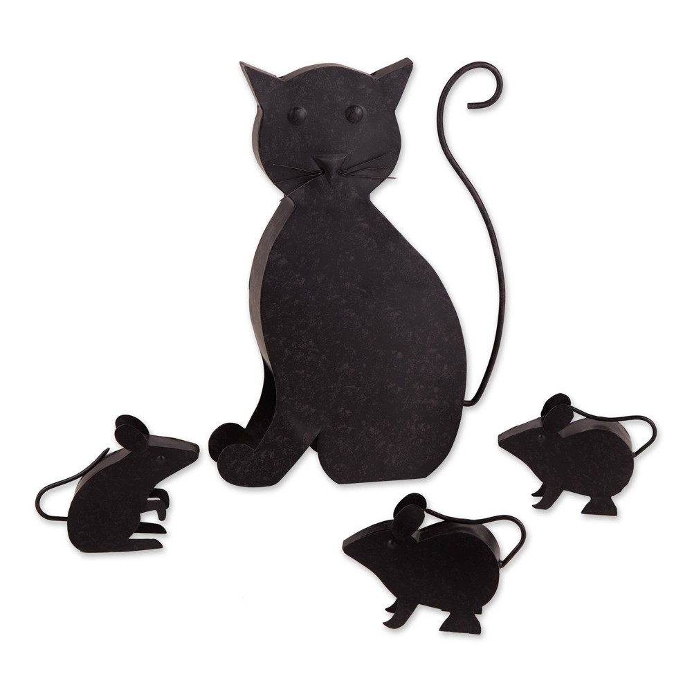 Photos - Garden & Outdoor Decoration 7" Metal Cat with Mice Sculpture Black - Zingz & Thingz