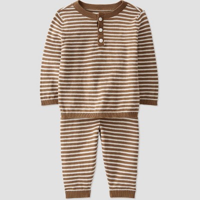 Image of Little Planet by Carter’s Organic Baby 2pc Striped Top and Bottom Set - White/Brown 9M