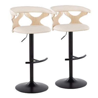 LumiSource Set of 2 Gardenia Adjustable Barstools Black Metal/Natural Wood/Cream PU