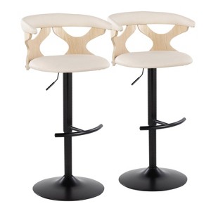 LumiSource Set of 2 Gardenia Adjustable Barstools Black Metal/Natural Wood/Cream PU - 1 of 4