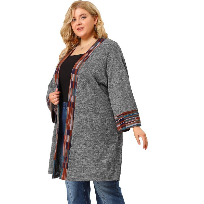 Agnes Orinda Women's Plus Size Contrast Placket Sleeves Knit Open Front Cardigans, 4 of 7