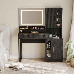 Fluted Vanity Table with Drawers and Cabinets,Modern Makeup Desk with Charging Station - 1 of 4