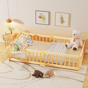 DoCred Toddler Floor Bed for Kids, Wood Floor Bed w/Slats & Fence for Girls and Boys, Montessori Bed Frame - 1 of 4