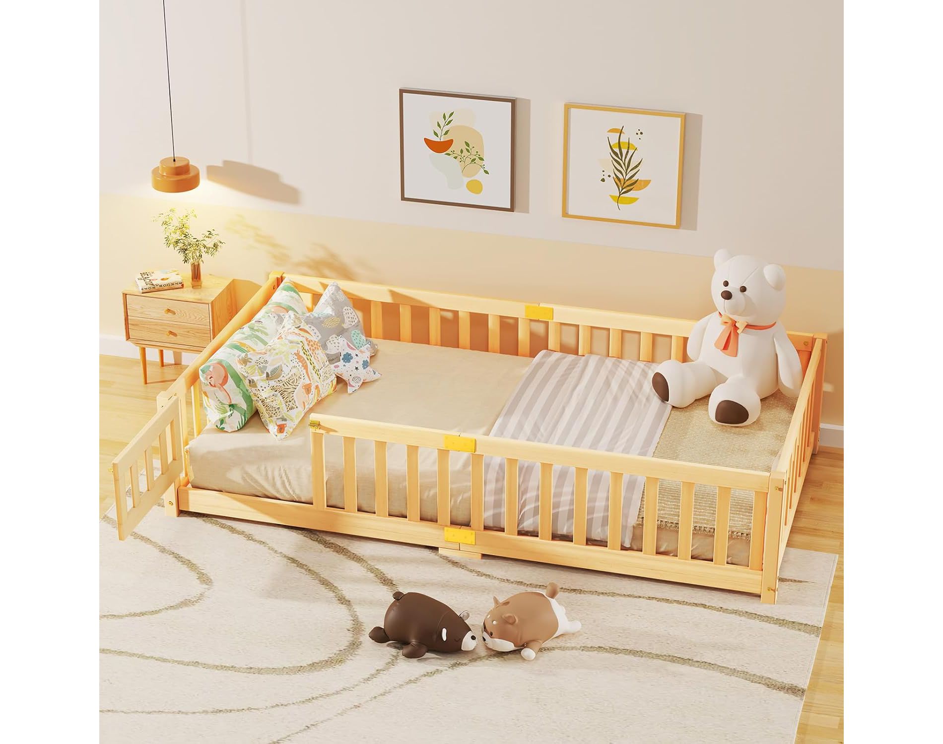 DoCred Toddler Floor Bed for Kids, Wood Floor Bed w/Slats & Fence for Girls and Boys, Montessori Bed Frame