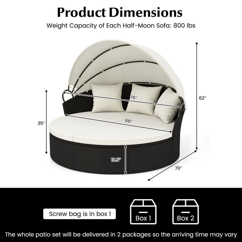 Costway Patio Round Daybed with Retractable Canopy Rattan Sectional Seating Black/White, 3 of 10