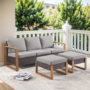 Buenhomino 3 Pieces Patio Sofa with Ottomans, All-Weather PE Rattan Wicker Sofa Small Patio Conversation Couch with Cushion,Blue Cushion&Brown Wicker - 1 of 4