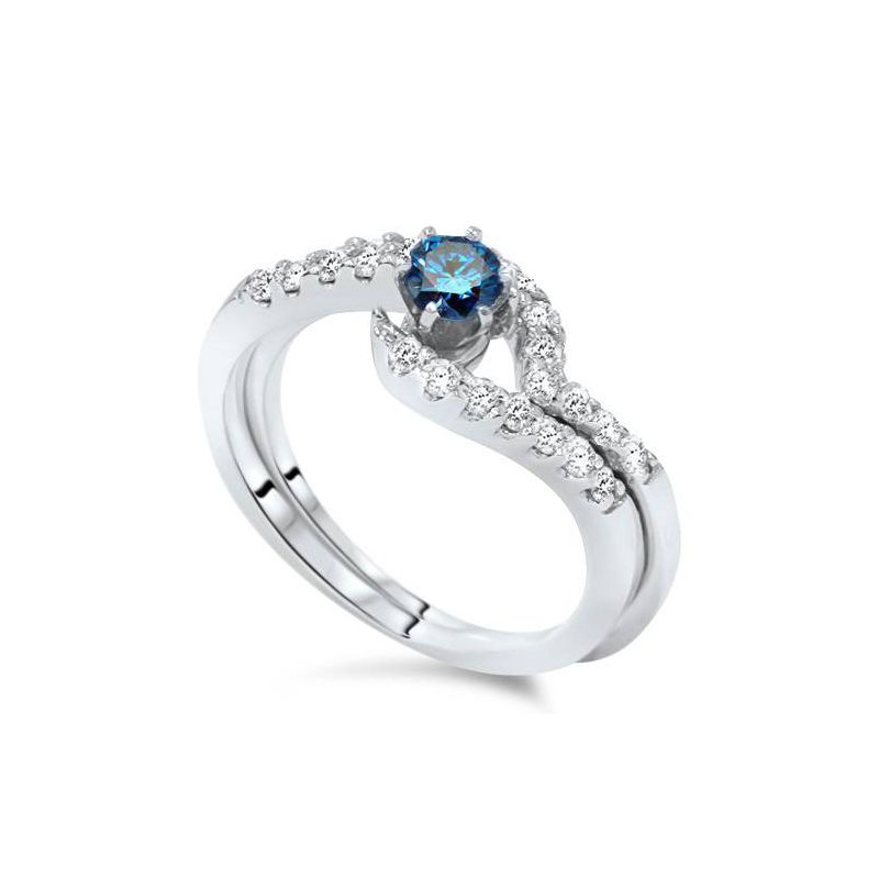 Pompeii3 3/4ct Blue & White Diamond Engagement Wedding Ring Set 14K White Gold, 4 of 6