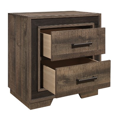 Vynxaria Rustic 1pc Nightstand - Two-Tone (Rustic Mahogany/Dark Ebony), Embossed Faux-Wood Veneer, 2 Drawers, Distressed Pewter Bar Pulls