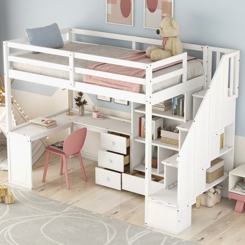 Full size loft bed on sale with desk and stairs