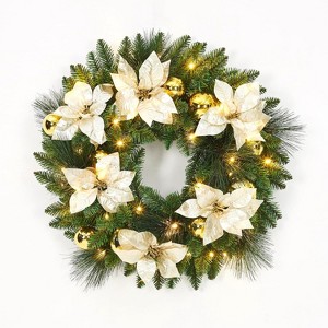 Pre-Lit Frosted Christmas Wreath Set of 6, Christmas Decoration with Pine Cones, Holly Berries - 1 of 4